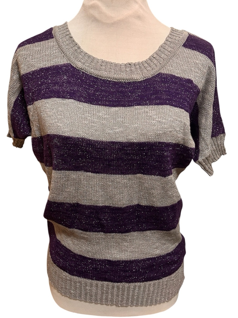 NWT L.E.I. Sparkly Metallic Knit Purple Gray Striped Top